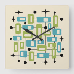 Horloge Carrée Abstrait Atomique Rétro Coloré Milieu de Siècle Mo