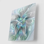 Horloge Carrée Abstrait Bleu Vert Papillon Imaginaire Fractal Art (Angle)