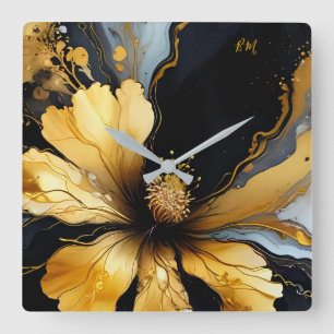 Horloge Carrée abstrait chic noir floral