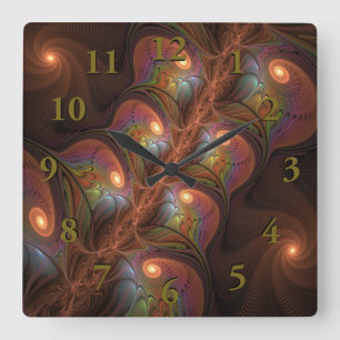 Horloge Carrée Abstrait Fluorescent Coloré Tripant Brun Fractal