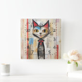 Horloge Carrée Abstrait Jaune Joyeux Chat (Maison)