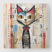 Horloge Carrée Abstrait Jaune Joyeux Chat (Recto)