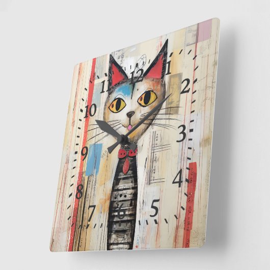 Horloge Carrée Abstrait Jaune Joyeux Chat (Angle)