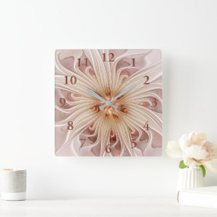 Horloge Carrée Abstrait Moderne Peach Pastel Flower Fractal Art