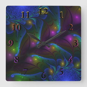 Horloge Carrée Abstrait Moderne Trippy Fractal Lumineux Coloré