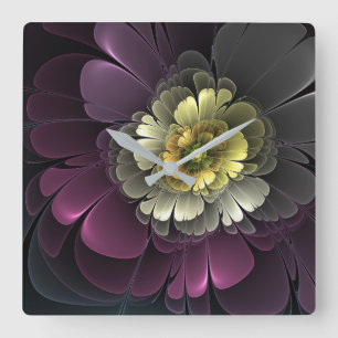 Horloge Carrée Abstrait Purpur moderne Khaki Gris Fleur fractale 