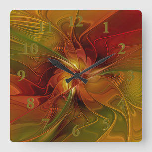 Horloge Carrée Abstrait Rouge Orange Brown Vert Fractal Art Flowe