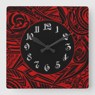 Horloge Carrée Abstrait tribal noir et blanc