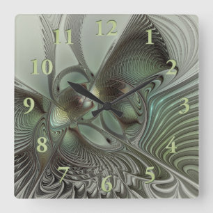 Horloge Carrée Abstrait Vert Gris Sauge Olivier Art Fractal Fanta