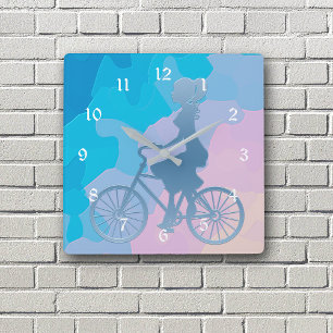 Horloge Carrée Abstraite Sunrise Bicycle Girl