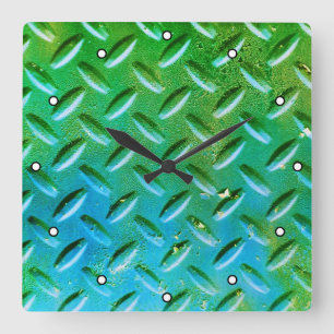 Horloge Carrée Acier en plaque de diamant vert et bleu avec point