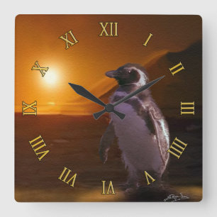 Horloge Carrée Adelie Penguin et coucher de soleil antarctique