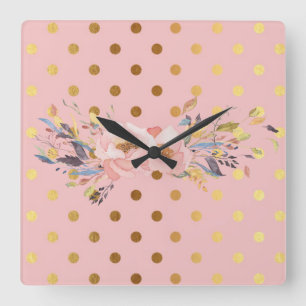 Horloge Carrée Adorables Faux Gold Points Fleuri