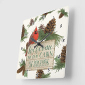 Horloge Carrée Affiche de bienvenue Cabine Cardinal Pine Cone Per (Angle)