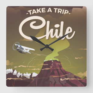 Horloge Carrée Affiche de voyage vintage du volcan du Chili