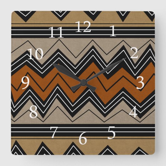 Horloge Carrée African Zigzags and White Numbers (Recto)