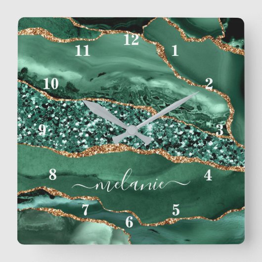 Horloge Carrée Agate Green Gold Parties scintillant Geode Marbre (Recto)