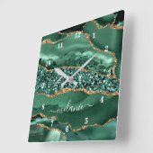 Horloge Carrée Agate Green Gold Parties scintillant Geode Marbre (Angle)