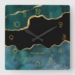 Horloge Carrée Agate personnalisée sarcelle et or