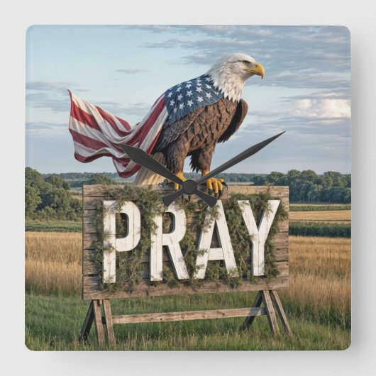 Horloge Carrée Aigle à tête blanche avec signe de prière rustique (Recto)