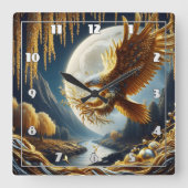 Horloge Carrée Aigle d'or perché sur la branche la nuit (Recto)