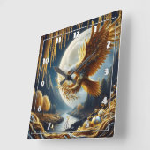 Horloge Carrée Aigle d'or perché sur la branche la nuit (Angle)