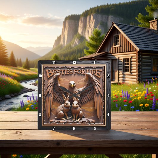 Horloge Carrée Aigle Lapin Texturé Forêt