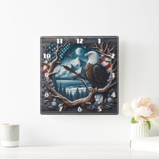 Horloge Carrée Aigle majestueux perché sur un arbre avec drapeau (Maison)