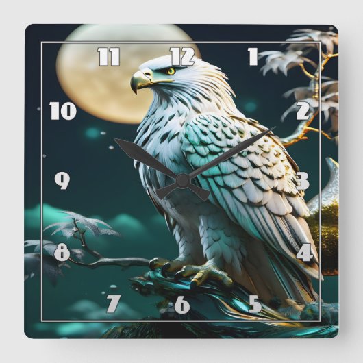 Horloge Carrée Aigle perché sous ciel clair de lune la nuit (Recto)