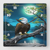 Horloge Carrée Aigle perché sur la branche sous Pleine lune (Recto)