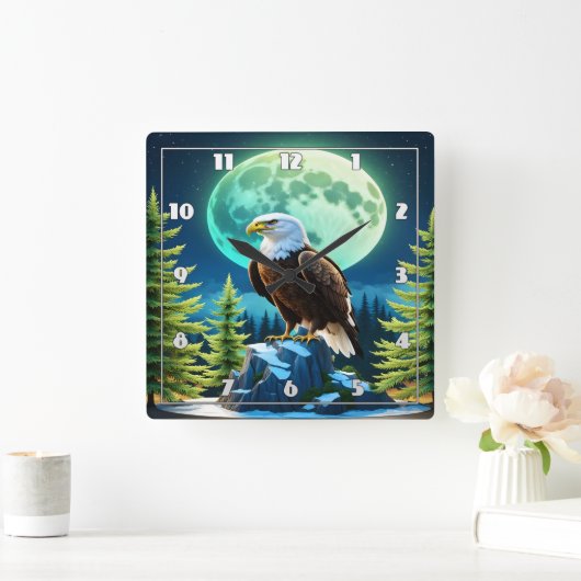 Horloge Carrée Aigle perché sur rocher sous Pleine lune (Maison)