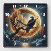 Horloge Carrée Aigle perché sur une branche sous une Pleine lune (Recto)
