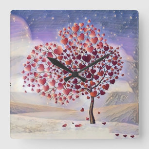 Horloge Carrée Aimer l'arbre avec les coeurs Aquarelle