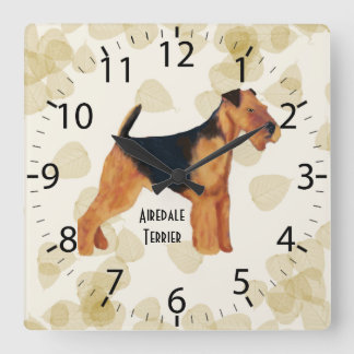 Horloge Carrée Airedale Terrier ~ Tan Design Feuille