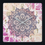 Horloge Carrée Airy Mandala Happy Pink Purple Yellow Blue & Gold<br><div class="desc">horloge personnalisée</div>