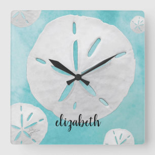 Horloge Carrée Ajouter Votre Nom Sable Tropical Dollar Turquoise