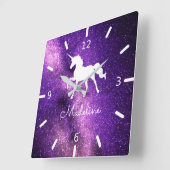 Horloge Carrée AJOUTEZ VOTRE NOM/Unicorne d'espace violet (Angle)