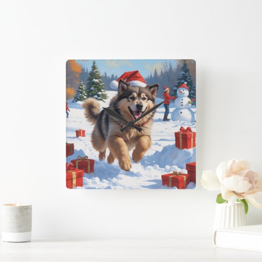 Horloge Carrée Alaskan Malamute Noël Festive Scène de neige (Maison)