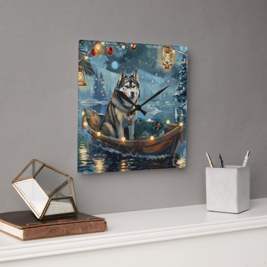 Horloge Carrée Alaskan Malamute Noël Festive Voyage (Bureau)