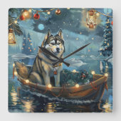 Horloge Carrée Alaskan Malamute Noël Festive Voyage (Recto)
