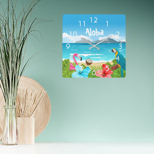 Horloge Carrée Aloha tropical beach flamingo florals