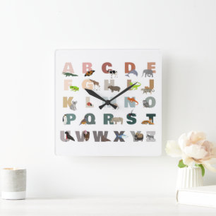 Horloge Carrée Alphabet Animaux ABC Mignon
