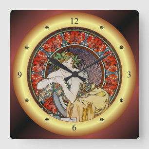 Horloge Carrée Alphonse Mucha~Femme W/Poppies~Salon des Cent ~