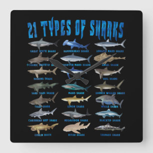 Horloge Carrée Amateurs De Requins 21 Types De Requins Animaux Oc