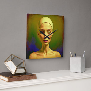 Horloge Carrée Âme de porcelaine craquée - Portrait coloré