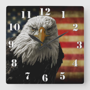 Horloge Carrée American Bald Eagle on Grunge Flag
