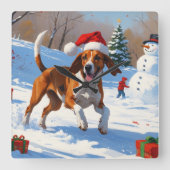 Horloge Carrée American English Foxhound Noël Festive Neige (Recto)