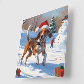 Horloge Carrée American English Foxhound Noël Festive Neige (Angle)