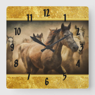 Horloge Carrée American Quarter Horse avec design feuille d'or