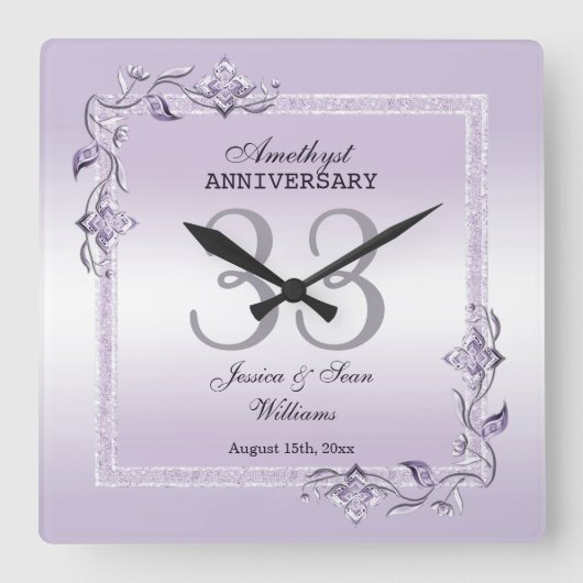 Horloge Carrée Amethyst Gem & Parties scintillant 33e anniversair (Recto)